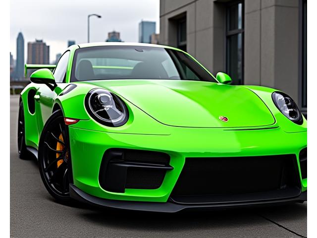 鮮やかな緑のポルシェ911 GT3 RSのクローズアップ